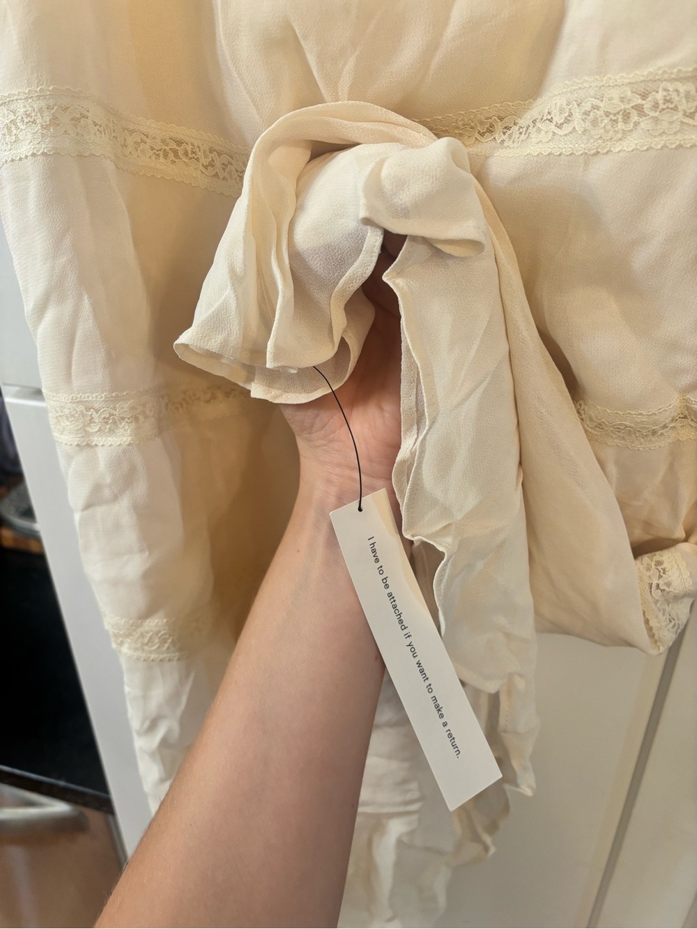 new Reformation Laverna lace inset mid bell sleeve midi dress in cream - Picture 11 of 11